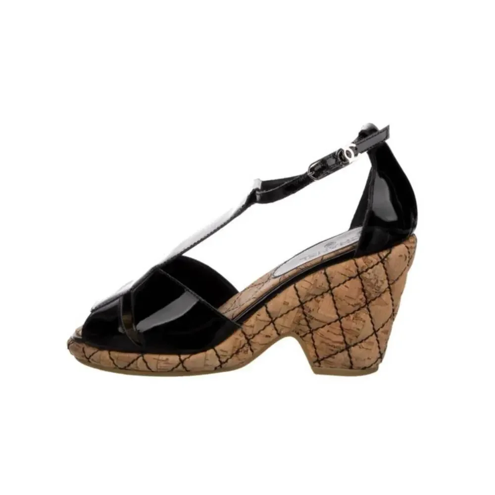 CHANEL Patent Leather T-Strap Quilted Cork Platform Block Heel Sandal Size US 6